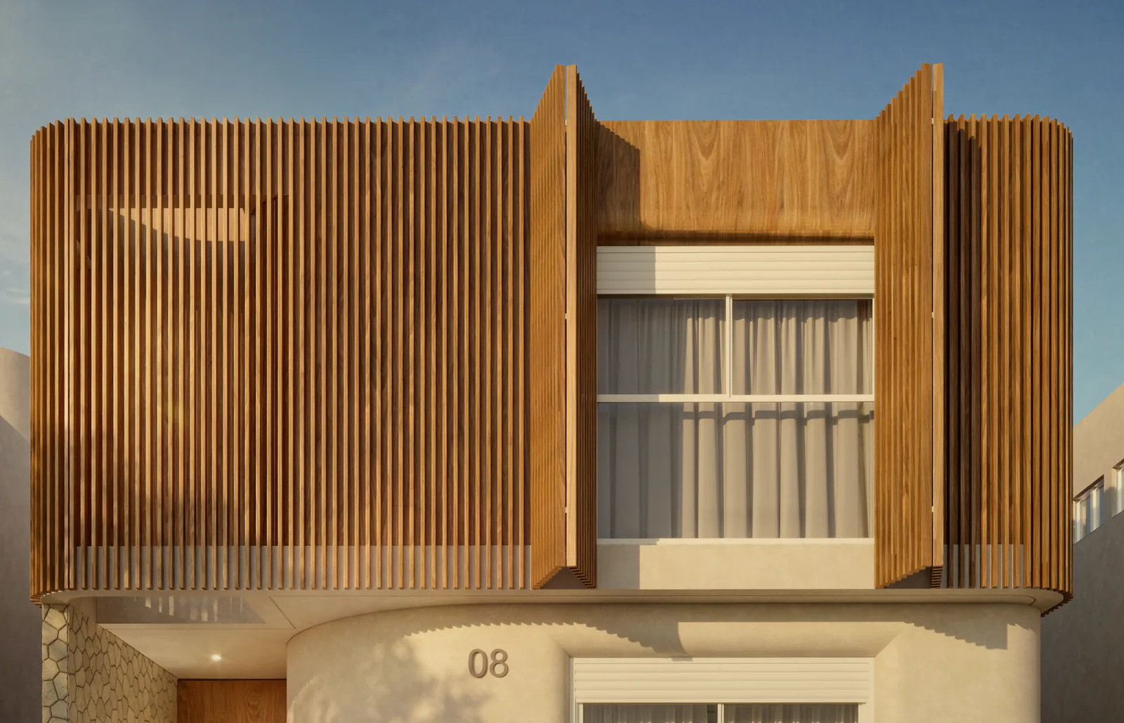 Fachada de casa projetada pela Camboa, com ripado de madeira